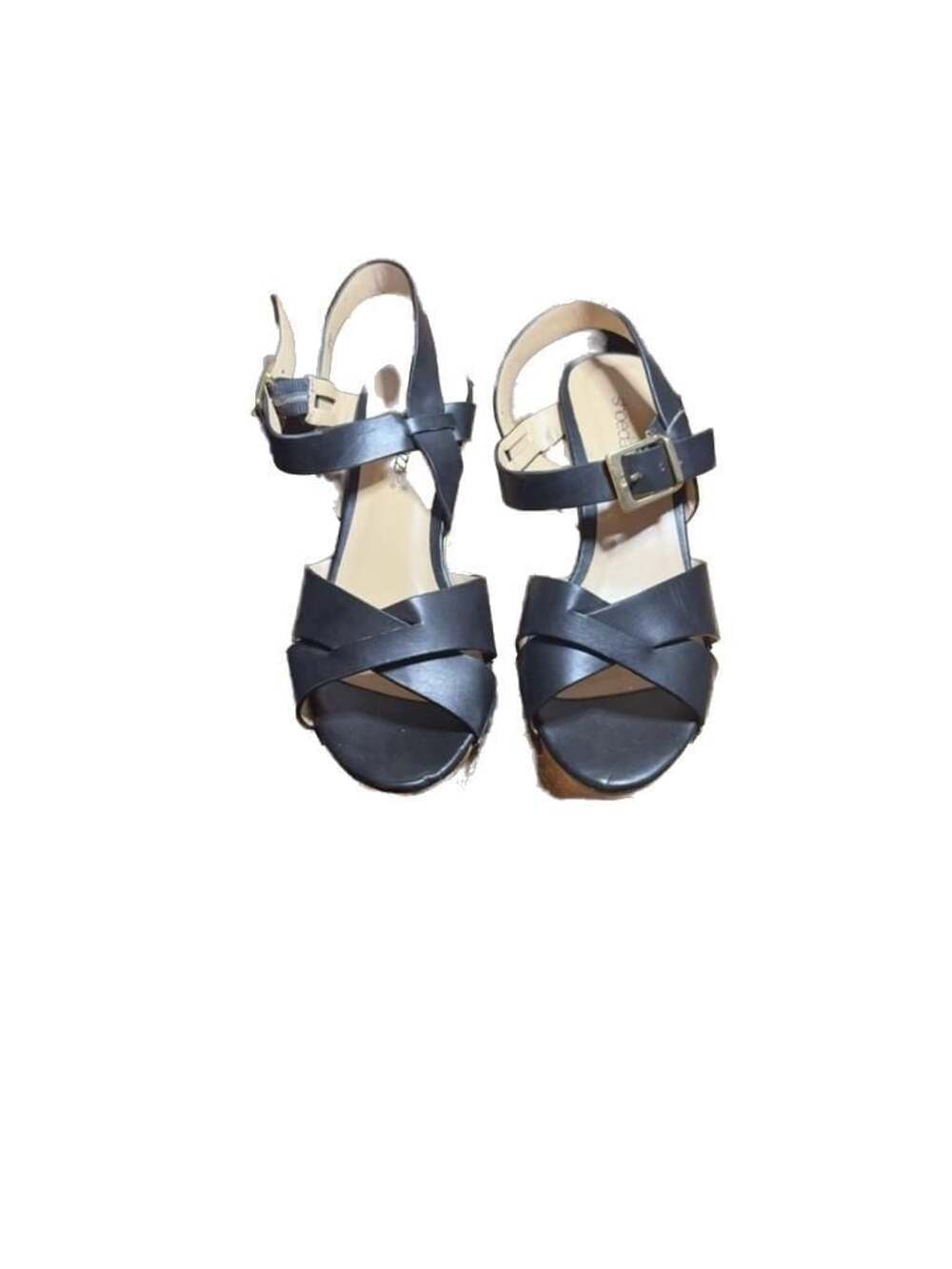 ShoeDazzle Anja Black Gold Metallic Wedge Sandals Size 6